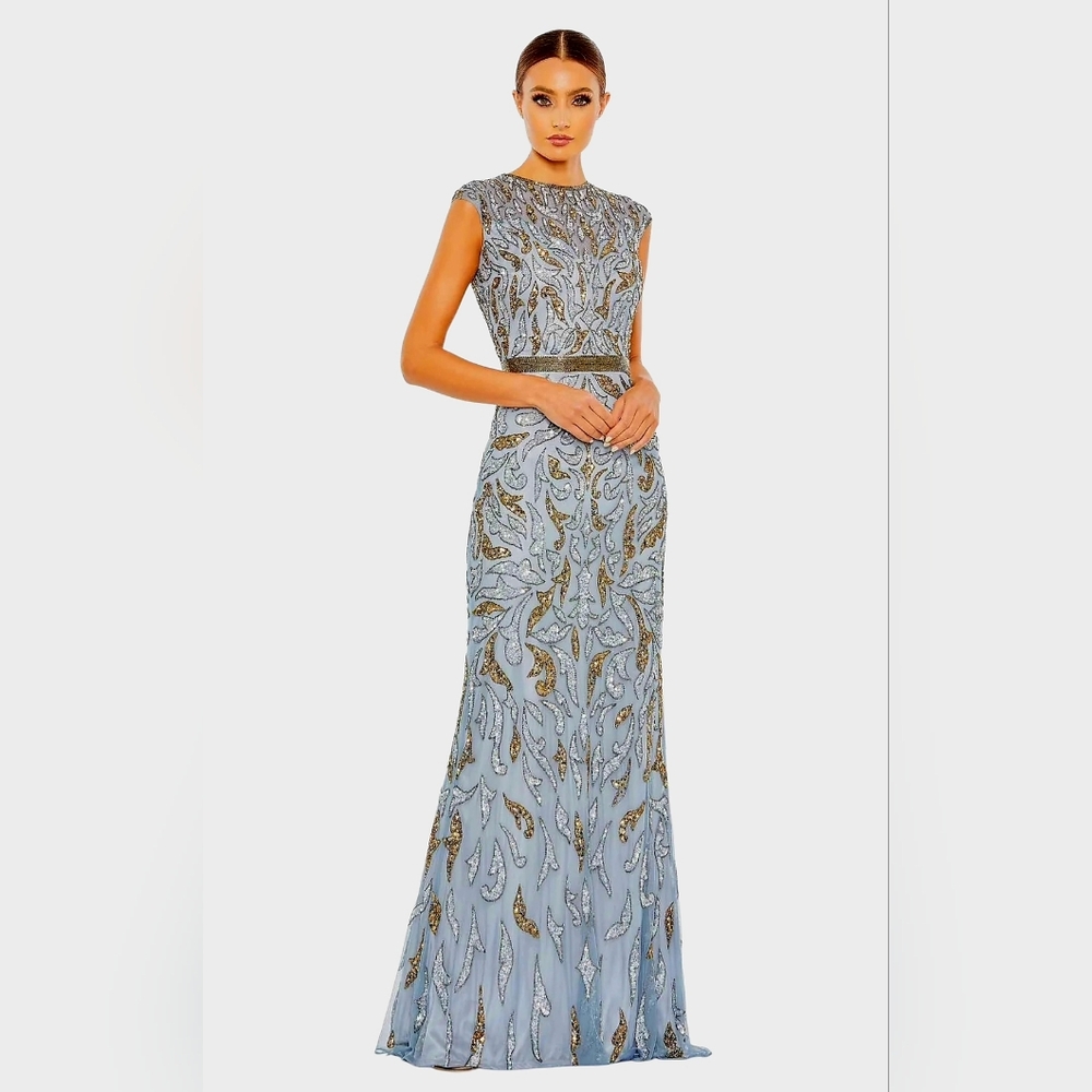 Mac Duggal Light Blue Embellished Maxi Dress with Gold Accents